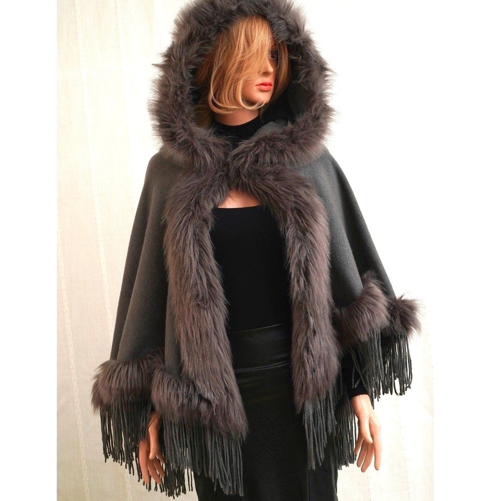 Charcoal Grey Faux Fur Trim Hooded Cape Fringe Hem‎ Poncho Wrap One Size